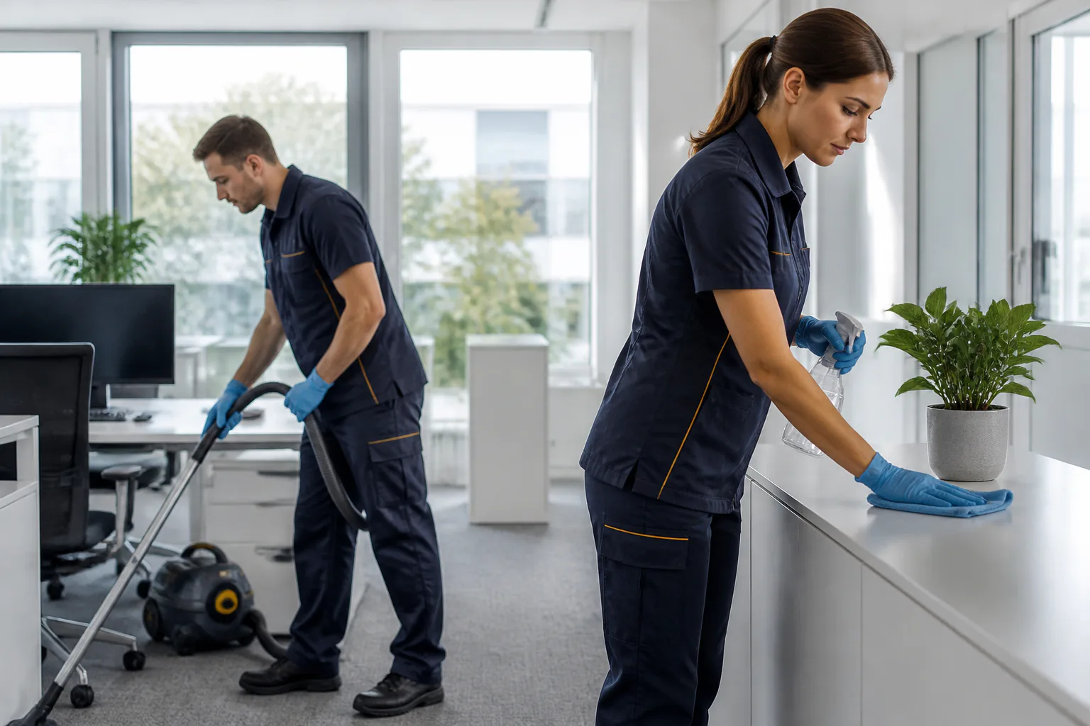 Two cleaning professionals working in a modern office