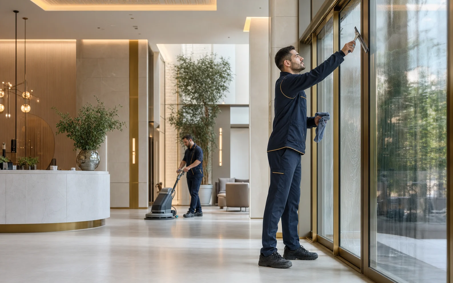 Professional building cleaning team in a bright entrance area